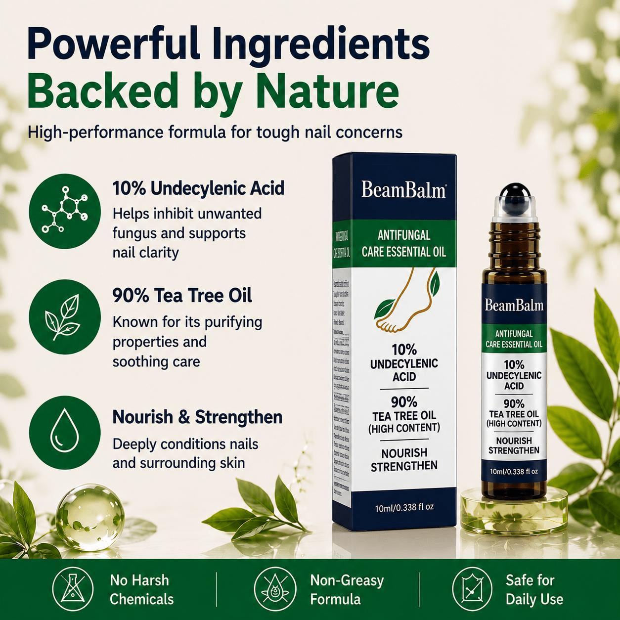 Premium Anti-Fungal Roller Serum (10ml) | 10% Undecylenic Acid, 90% High-Concentration Tea Tree Oil | Nail Care Serum for Fungal Issues | Suitable for Men & Women.
