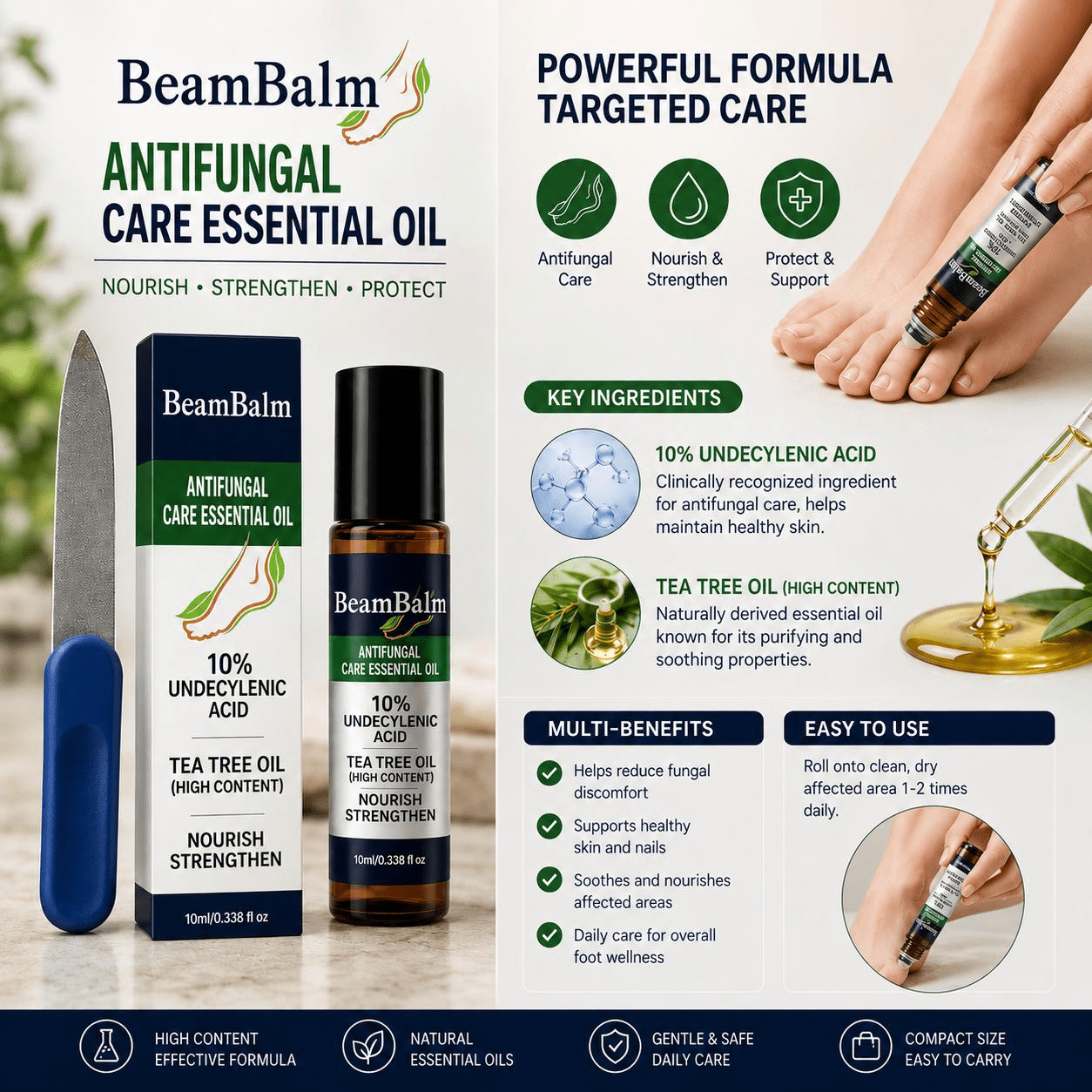 Premium Anti-Fungal Roller Serum (10ml) | 10% Undecylenic Acid, 90% High-Concentration Tea Tree Oil | Nail Care Serum for Fungal Issues | Suitable for Men & Women.