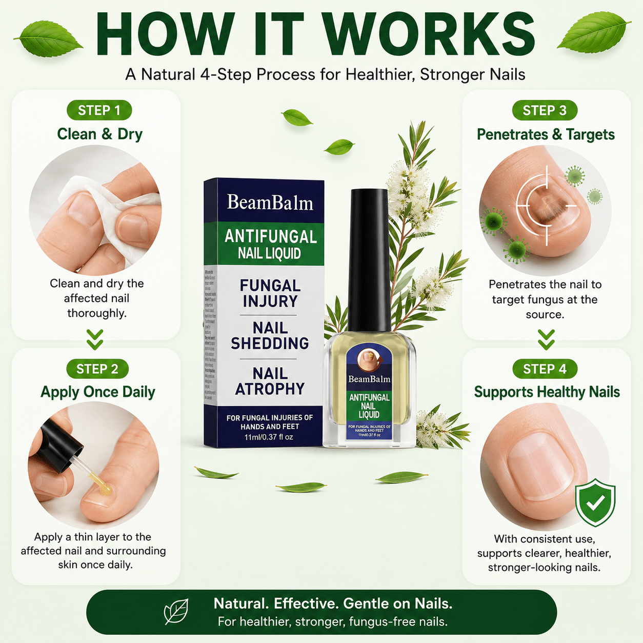4-step guide showing how to use BeamBalm Tolnaftate antifungal nail solution for fingernails and toenails