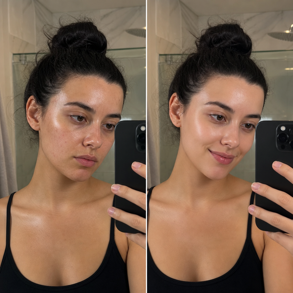 Mirror selfie before and after — skin looks fresher and more even