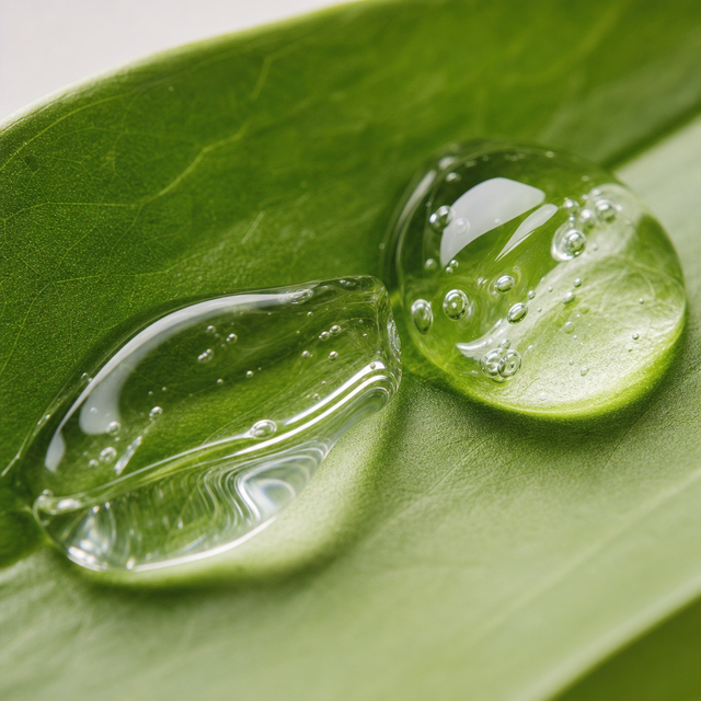 Clear viscous droplets on a green leaf