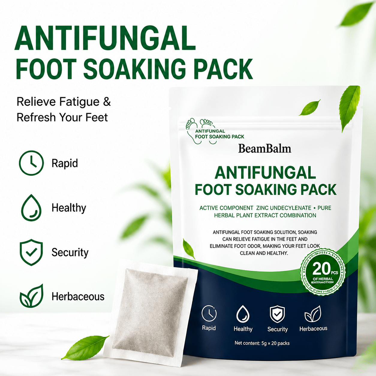 BeamBalm Antifungal Foot Soak Pack with 20 individual herbal foot soak sachets for healthy feet