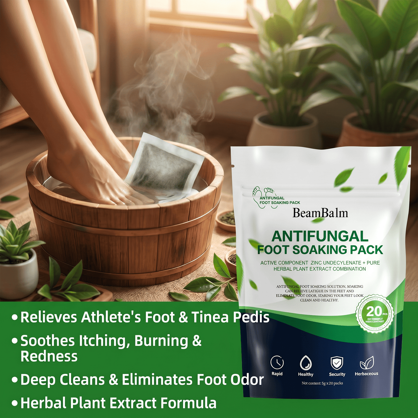 BeamBalm Antifungal Foot Soak Pack in use for athlete's foot, helping relieve itching, burning, redness, eliminate foot odor, and deeply cleanse feet with a herbal formula.