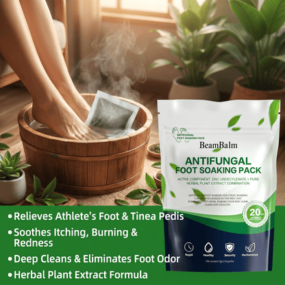 BeamBalm Antifungal Foot Soak Pack in use for athlete's foot, helping relieve itching, burning, redness, eliminate foot odor, and deeply cleanse feet with a herbal formula.