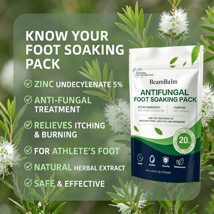 BeamBalm Antifungal Foot Soak Pack with zinc undecylenate 5% and herbal extract, helping relieve itching and burning, support antifungal treatment, and promote healthy feet.