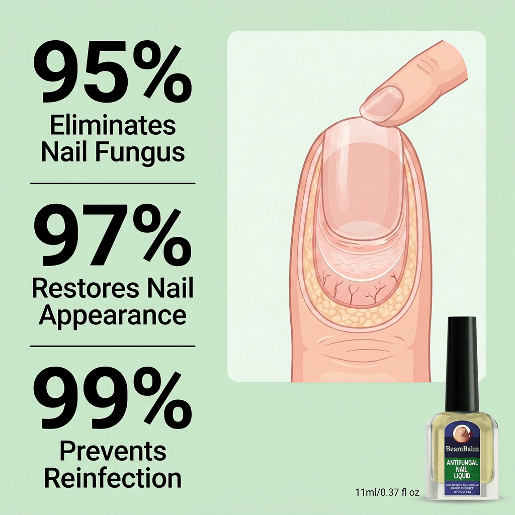 BeamBalm Antifungal Nail Liquid diagram showing fungal nail care and healthier-looking nails