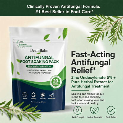 BeamBalm Fast-Acting Antifungal Foot Soak Pack with 5% zinc undecylenate and herbal extract helps treat athlete's foot, relieve itching, reduce foot odor, and support healthy feet.