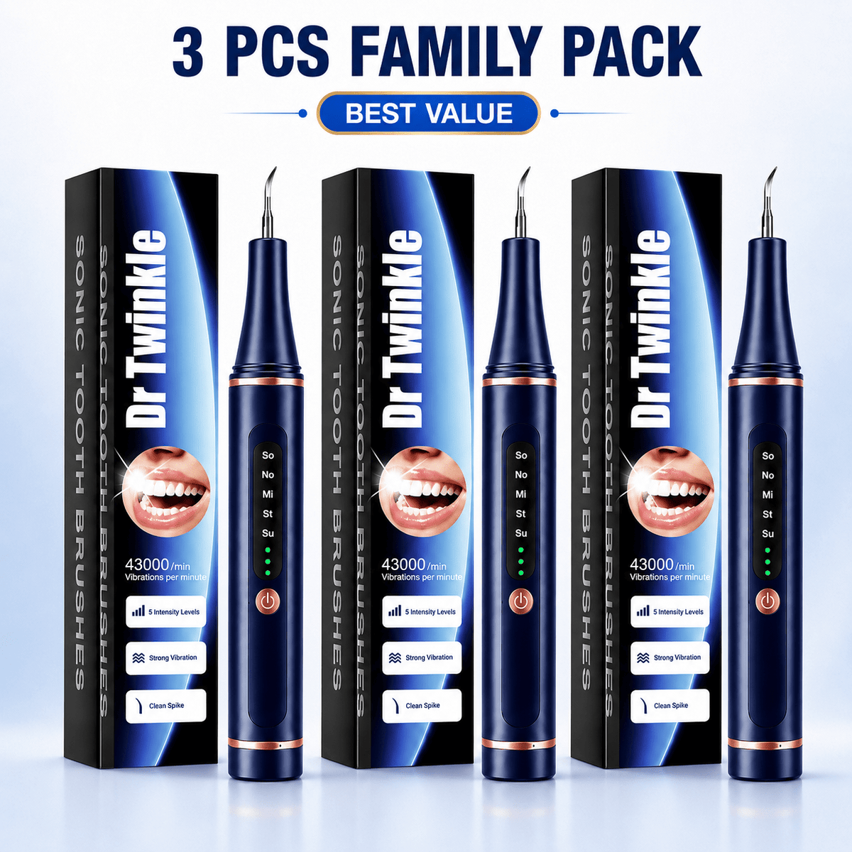 Dr.Twinkle® three-piece family pack with three blue sonic dental cleaners and three retail boxes