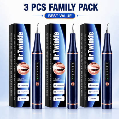 Dr.Twinkle® three-piece family pack with three blue sonic dental cleaners and three retail boxes