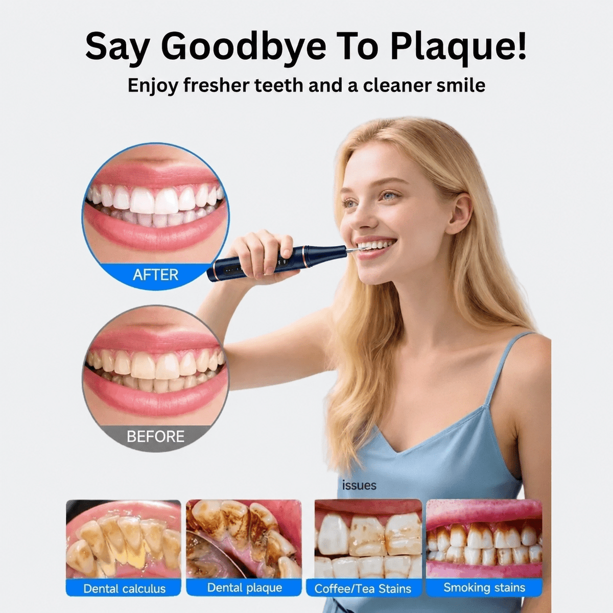 Woman using Dr.Twinkle® blue electric dental cleaner with before-and-after plaque and stain comparison