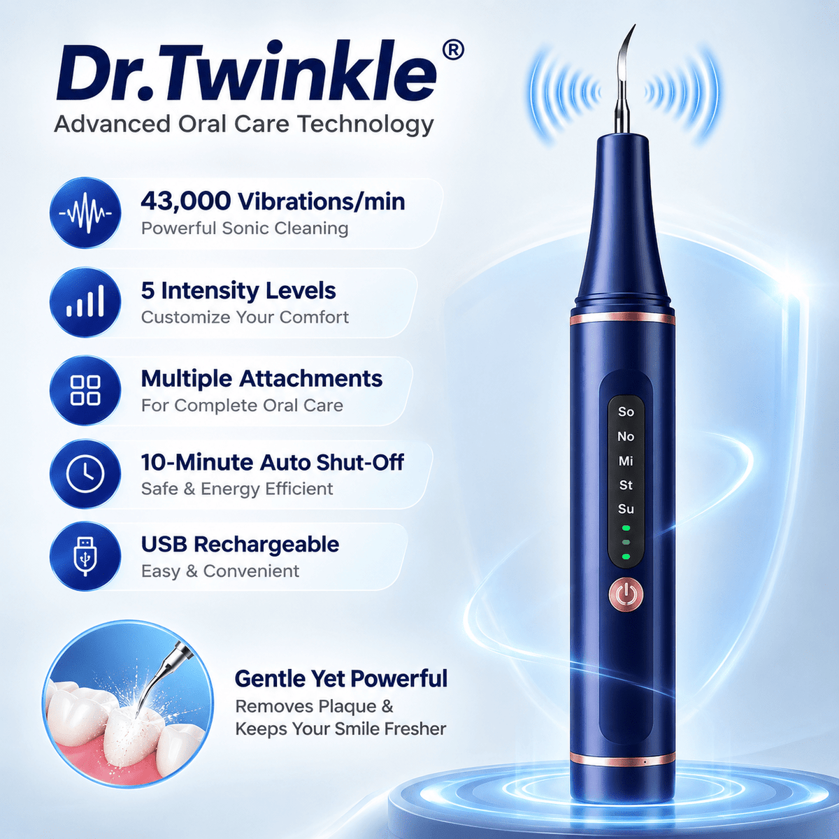 Dr.Twinkle® electric dental cleaner with 43,000 vibrations, five intensity levels and USB charging