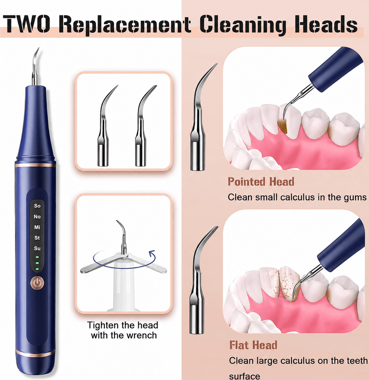 Dr.Twinkle® blue electric dental cleaner with two replacement heads for cleaning plaque and calculus